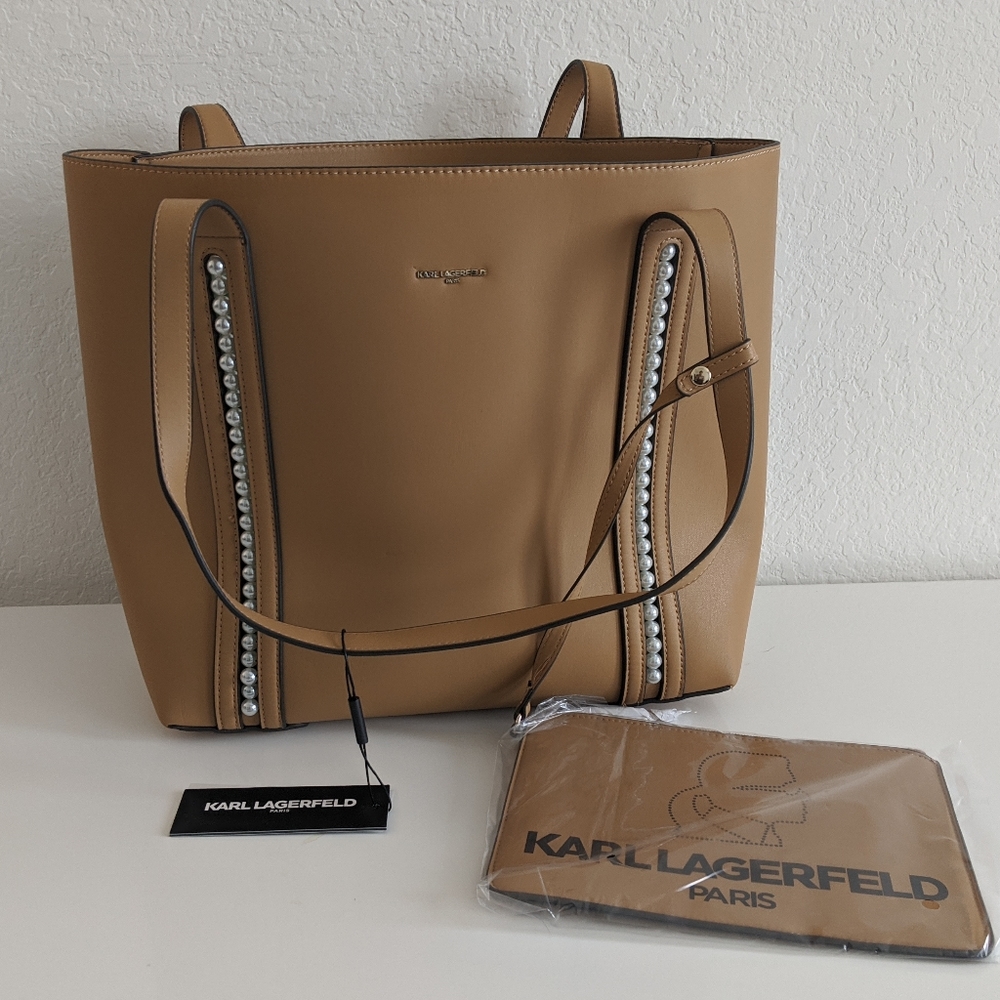 Karl Lagerfeld Tan Tote with Pearls and Pouch